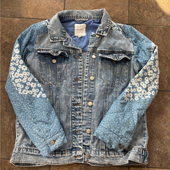 Avec Les Filles Jackets & Blazers - Avec Les Filles Blue Denim Jacket with Floral Patchwork Sleeves